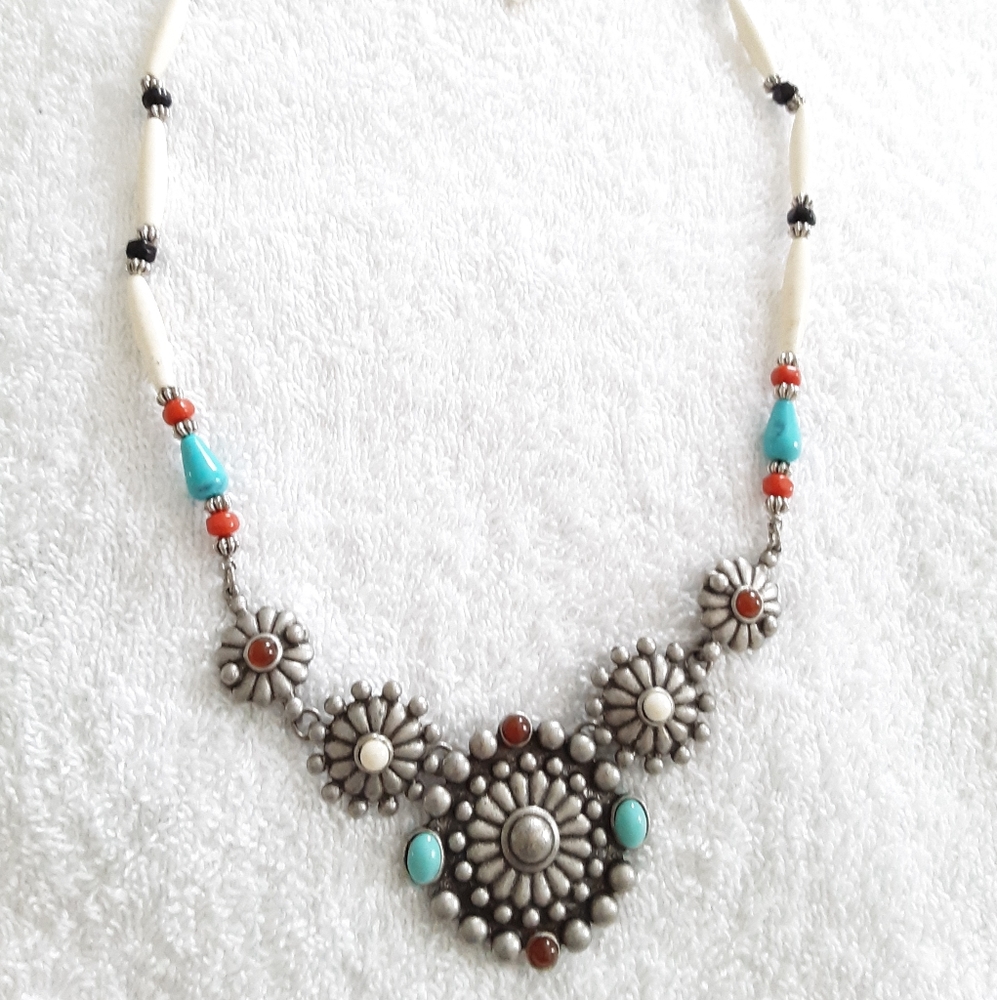 Boho Floral Concho Necklace with Turquoise and Coral Accents